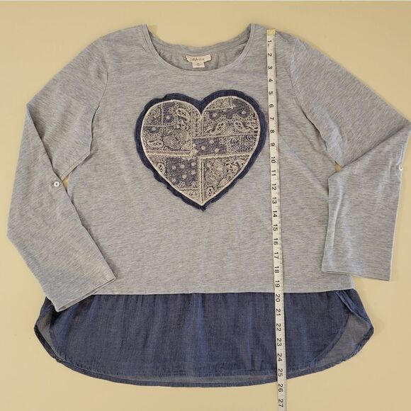 Style & Co. Women's Heart Trimmed Gray with Navy Casual Long Sleeve Pullover Top - Picture 4 of 14